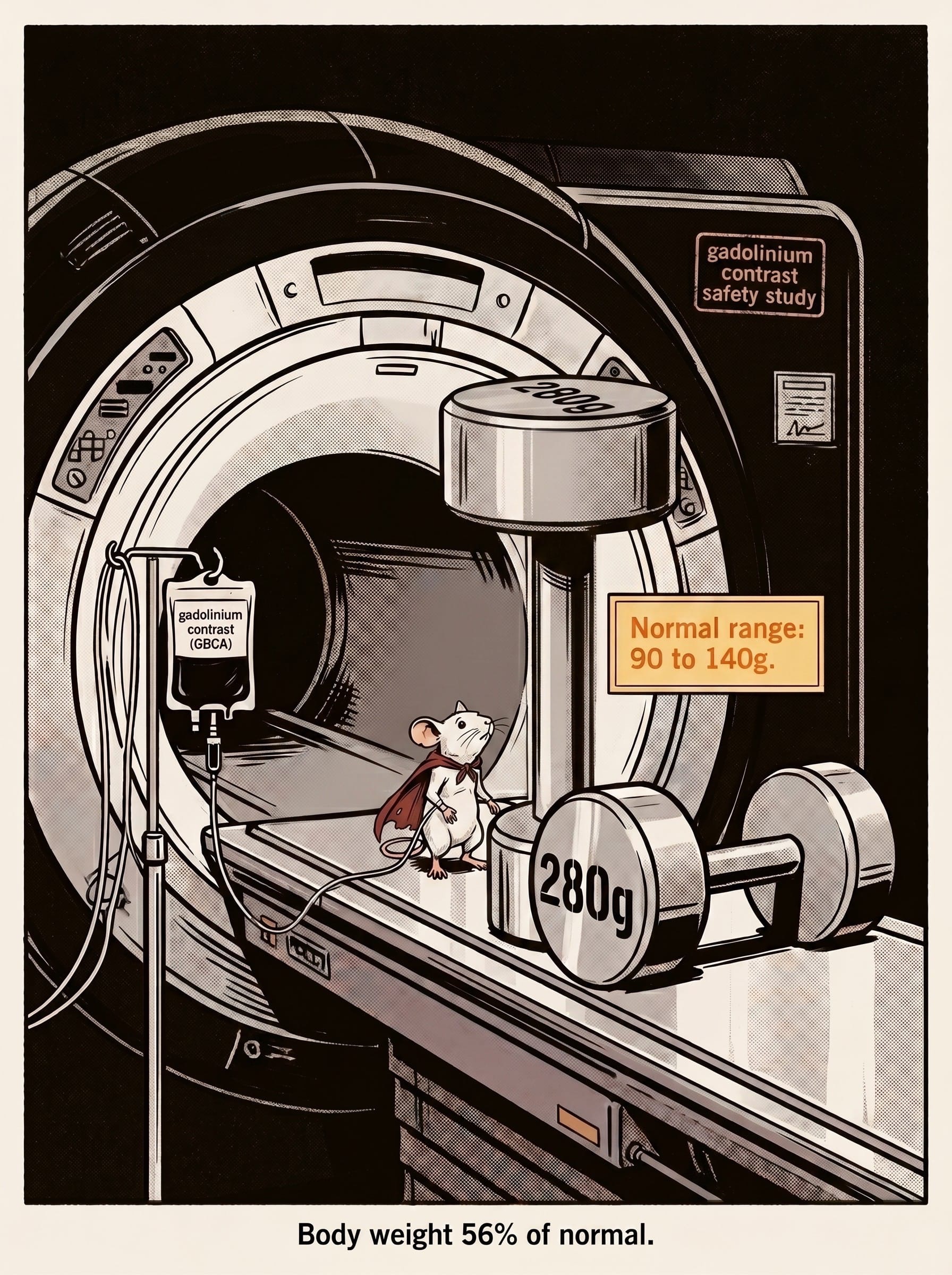 A comic-book Hulk-style mouse bursting out of an MRI scanner, visualising the impossible grip-strength numbers reported in the gadolinium mouse study.